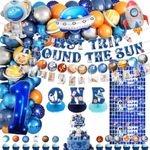 Space 1st Birthday Decorations, Include First Trip Around The Sun Banner, Space Monthly Photo Banner, ONE Honeycomb Centerpiece, Cake Toppers, Balloons for Boys Kids First Birthday Party Supplies