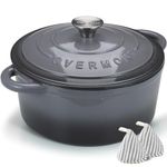 Overmont 5L Enamelled Cast Iron Round Casserole Pot With Lid Cookbook & Cotton Potholders - Non-stick Dutch Oven Cookware for Braising, Stews, Roasting, Bread Baking - Grey, 26cm