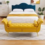 TREE TO DREAMY Modern Style Tufted Leather Chaise Lounge Couch Sette End of Bed Bench Storage Ottoman Rolled Arms and Metal Legs Upholstered for Bedroom Living Room, Bedroom, Hall (Yellow)