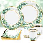 Sage Green Paper Plates Napkins Cups Set, 96Pcs Green Gold Party Tableware, Disposable Plates Baby Shower Plates Cups and Napkins for Birthday Party Supplies,Baby Shower,Jungle Safari Party Decoration