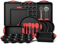 Kitchen Academy Nonstick Carbon Steel Baking Pans Set - 18 Piece Black Granite Stackable Bakeware Sets with Red Silicone Handles, 500°F Oven Safe, PFOA, PFOS, PTFE Free