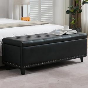 Tbfit Long Ottoman with Storage, 50.8" Faux Leather End of Bed Bench with Safety Hinge&Rivets, Entryway Benches Large Storage Ottoman Bench for Bedroom, Living Room, Holds up to 660 lb(Black)