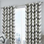 Fusion - Chevron - 100 Percent Cotton Ready - Made Pair of Eyelet Curtains - Grey, 66" Width x 54" Drop (168 x 137 cm)