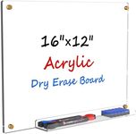 HLF-ho White Board 16"x12"Dry Erase Board Glass Dry Erase Board for Wall Acrylic White Board Wall Mounted, 1 Acrylic Shelf, 1 Eraser, 3 Markers, 1 Rag, 4 Screw Sets