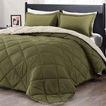 downluxe Queen Comforter Set, Lightweight Solid Down Alternative Reversible, 3-Piece Queen Size Comforter Set with 2 Reversible Pillow Shams (Olive Green/Ivory)