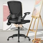 KERDOM Drafting Office Chair, Ergonomic Standing Desk Chair with Flip-up Armrests, Mid-Back Computer Chair with Adjustable Sponge Lumbar Support and Footrest Mesh High Chair (Black)