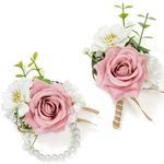 Serwalin Pink Rose Corsage and Boutonniere Set, Prom Flower Wrist Corsage Bracelets, Homecoming Roses Corsage Wristlet and Men Boutonniere for Wedding Flowers Accessories Prom Suit Decorations