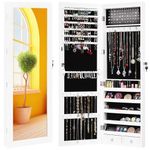 Giantex 15 LEDs Mirror Jewelry Armoire, Lockable Wall Door Mounted Jewelry Cabinet with Full-Length Mirror, Large Storage Capacity Jewelry Organizer Cabinet Armoire for Girls Women, White