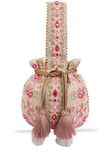 MASQ by Q-One Embellished Silk Potli Bag for Women and Girls - Exquisite Handmade Embroidery, Sequin, and Beads Work - Ideal for Parties, Weddings and festive season Beige