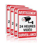 Faittoo 4 Packs de Avertissement 24 Heures Vidéos Signe, 7 Pouces par 10 Pouces, réfléchissant Aluminium. (4 Pack) French Video Surveillance Signs, 7" x 10", Reflective Aluminum, Indoor or Outdoor Use