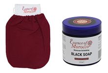 Moroccan Exfoliating Kessa Glove Scrubbing Mitt with Natural Eucalyptus and Olive Oil Black Soap Scrub Savon Noir 200g / 7 OZ Helps Cleanse Skin Remove Fake Tan and Ingrown Hair Hammam Spa Pack