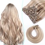 VINBAO Clip in Hair Extensions Full Head Silky Straight Remy 18 Inch Clip in Hair Extensions Human Hair Double Weft Color 8 Ash Brown with 60 Blonde Clip in Hair Extensions 160 Gram 7 Pcs (7C#8P60-18Inch)