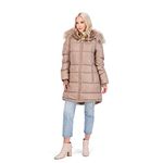 Jessica Simpson Womens Quilted Puffer Winter Coat w/Faux Fur Hood Tan Size L