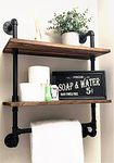 Industrial Pipe Bathroom Shelf,Rustic Wood Wall Mount Shelf with Towel Bar,24" Black Matte Towel Racks,2 Tiered Metal Floating Shelves Shelving Iron Towel Holder