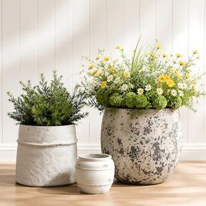 ShangDemonMaster Craft flowerpots 18"+13"+9" Dia Round Concrete Planter Set of 3 Large Outdoor/Indoor Planter Pots Containers with Drainage Holes and Rubber Plug for Home Garden (White, Large)