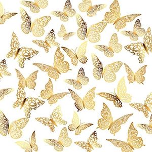 XUNXMAS 96Pcs 3D Butterfly Wall Decor Butterfly Stickers, 4 Styles 3 Sizes Butterfly Decorations Party Birthday Cake Decorations, Removable Stickers Decals for Mirror Kids Room Bedroom Wedding, Gold