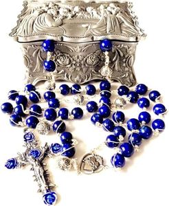 elegantmedical Wire Wrapped HANDMADE ROSARY UNDOUBTED LAPIS LAZULI BEADS STERLING SILVE NECKLACE CROSS GIFT BOX