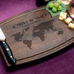 Straga Personalized Cutting Boards | Handmade Wood Engraved Charcuterie | Custom Wedding, Anniversary, Housewarming Gift for Long Distance Couples (World Map Design No.605)