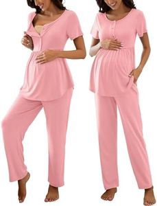 JiniGolla Women's Maternity Nursing Pajamas Set Soft Breastfeeding Sleepwear Short Sleeve Top and Pants Pregnancy Pjs Pink L