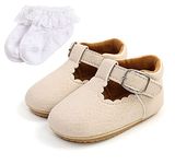 Baby Girls Princess Shoes Baby First Walking Shoes Soft Sole Toddler Mary Jane Shoes Infant PU Leather Prewalkers for 12-18 Months with Sock Beige