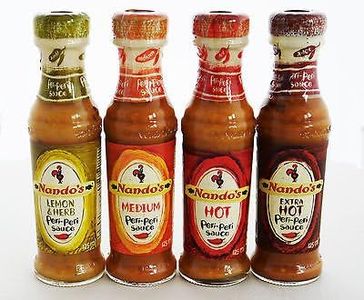 Nandos Peri Peri sauces 125ml - Citron et fines herbes (Doux), moyenne, chaude et extra sauce chaude.