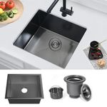 Bokaiya Black Kitchen Sink, 50X45CM Stainless Steel Single Bowl,Outdoor Campervan Small Sink with Silencer Pad, Drainer Fittings, Undermount, Flush, Top Mount Installation