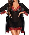 RSLOVE Sexy Lingerie for Women Lace Babydoll with Robe Nightdress Sleepwear Black Red X Large