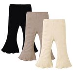 SOBOWO Baby Girl Flare Pants 3 Pack Toddler Solid Ribbed Ruffle Bell Bottoms Pants Trousers Fall Outfits (18-24 Months, Black/Beige/Brown)