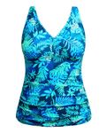 Yonique Women Plus Size Tankini Top Only Tummy Control Bathing Suit Top V Neck Swim Top No Bottom, Blue Leaves, 20 Plus