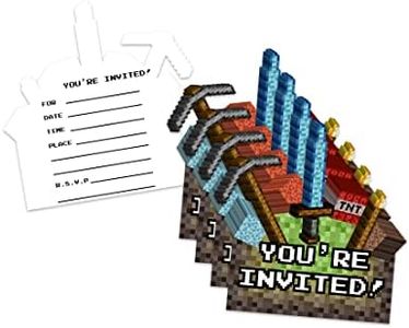 Mining Pixel World Video Game Birthday Party Invites For Boy Kids - 20 Count of 4 x 6 Inch Double Sided Fill-In Invitations With Wet To Seal Envelopes