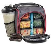 HomEquip Meal Prep lunch Bag with Containers - Insulated Fitness Lunch Box for Men and Women - Food Portion Control Management - with Shaker, Pill Case Box and Ice Pack - Red