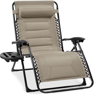 Best Choice Products Oversized Padded Zero Gravity Chair, Folding Outdoor Patio Recliner, XL Anti Gravity Lounger for Backyard w/Headrest, Cup Holder, Side Tray, Polyester Mesh - Dune