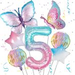 Butterfly Balloons 5th Birthday Decorations for Girls, Gradient Pink Colorful Butterfly Foil Balloons, Giant Number 5 Foil Mylar Balloon, 5 Years Old Butterfly Theme Birthday Party Supplies Decor