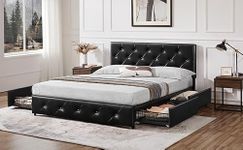 Yaheetech 5ft King Bed Frame Upholstered Platform Bed with Height Adjustable Button Tufted Headboard/4 Drawers/Sturdy Wooden Slats/No Box Spring Need,Black King Bed