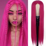 TANTAKO Long Hot Pink Red Wig With Small Deeper Middle Part Lace Straight Pink Red Lace Front Wig for Women Halloween Cosplay Party Costume Wig (Hot Pink Small Lace)