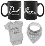 Tipit Drinkware Pregnancy Gift Est 2024 - New Mom and Daddy Est 2024 11 oz Black Mug Set with The Adventure Begins Onesie (0-3 Months) - Mom and Dad Gift Set for Expecting Parents to Be