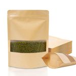 SKY FLEXI PACK Kraft Paper Ziplock Pouch 14 x 20cm, Pack of 50 Airtight Reusable Stand Up Waterproof Multi-purpose Storage Bags with Rectangle Transparent Window, Capacity up to 350g