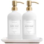 Vine Creations Glass Soap Dispenser, 2 Pack Kitchen Soap Dispenser Set with Ceramic Tray, Stainless Steel Pump with Waterproof Labels (White Bottles + Brushed Brass + Tray)