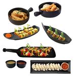 DECOR VIBES Melamine French Fries, Momos, Paneer Tikka Serving Platter with 2 Pasta Bowls and 2 Dip Bowls Unbreakable Dessert and Snacks Platter/Tray (Matt Black, Combo Pack of 8)