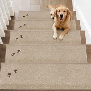 BEQHAUSE Stair Treads for Wooden Steps 4 pcs, Non Slip Carpet Stair Treads, Soft Polyester Stair Carpet Pads Mat for Pets Elders Family, Easy Peel and Stick & Machine Washable,1cm Thinkness,Beige