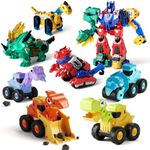 Magnetic Dinosaur Robot & Press and Go Dino Truck Toys Set for Kids, 6-in-1 Magnetic Dino Transforming Robot + Dinosaur Construction Vehicles, STEM Building & Sandbox Play Gift for Boys Age 2–8