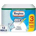 Regina Blitz Household Towels – 12 Rolls Per Pack, 3-ply Kitchen Roll, 70 Sheets Per Roll, Paper Packaging, FSC Certified Paper, Recyclable Packaging, 60% Larger Than Standard Kitchen Roll Sheets