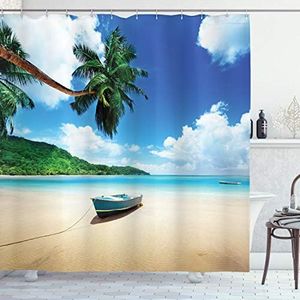 Ambesonne Beach Shower Curtain, Boat on The Beach Mahe Island Lagoon Seychelles Exotic Shoreline Image, Cloth Fabric Bathroom Decor Set with Hooks, 70" Long, Brown Green