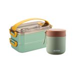 YELONA 1.6 Litre Stackable Bento Box Lunch Box Containers with 430 ML Insulated Leak-Proof Lunch Pot Meal Jar for Office, Work, School, Picnic - Fern Green