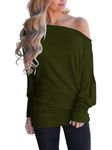 Eniloyal Off The Shoulder Tops for Women Long Sleeve Shirt Cotton Batwing Trendy Going Out Fall Clothing Oversized Tshirt Army Green