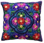 Original Kikan Suzani Multi Colour Floral Embroidery 16"x16" 40 x 40 cm Indian Ethnic Cushion Cover Takiya Sofa pillow Zipper Back (NAVY)