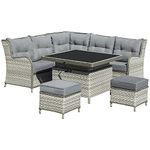 Outsunny 6 Pieces Patio PE Rattan Dining Sofa Set, Outdoor Wicker Sectional Conversation Aluminum Frame Furniture Set w/Thick Padded Cushion & Liftable Coffee Table, Grey