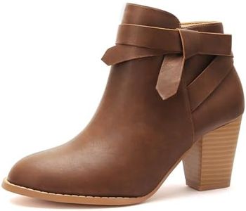 Carcuume Ankle Boots for Women,Wide Ankle Tie Knot,Side Zipper,Round Toe,Chunky Heels,Boots for Women, Brown, 8