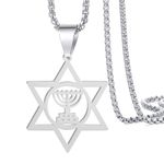 VASSAGO Jewish Star of David with Menorah Pendant Necklace Religious Hanukkah Necklace Six Pointed Megan Star Necklace Amulet Necklace for Men Women, Stainless Steel