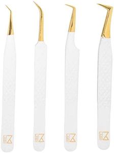 M LASH Tweezers for Eyelash Extensions (Set of 4) - Professional Lash Extension Tweezers - Fiber Tip, Japanese Steel, Diamond Grip Eyelash Extension Tweezer (White)